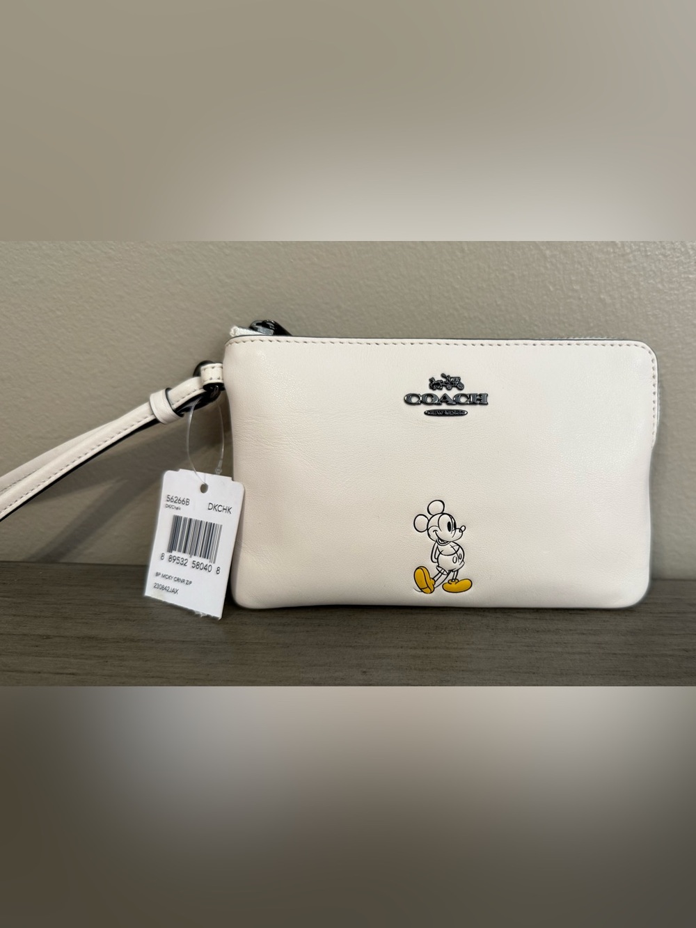 Coach White Leather Mickey Mouse Zip Pouch with Yellow Accent